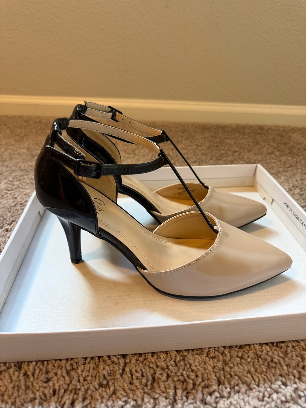 Impo Two-Tone Black and Beige Patent T-Strap Pumps
